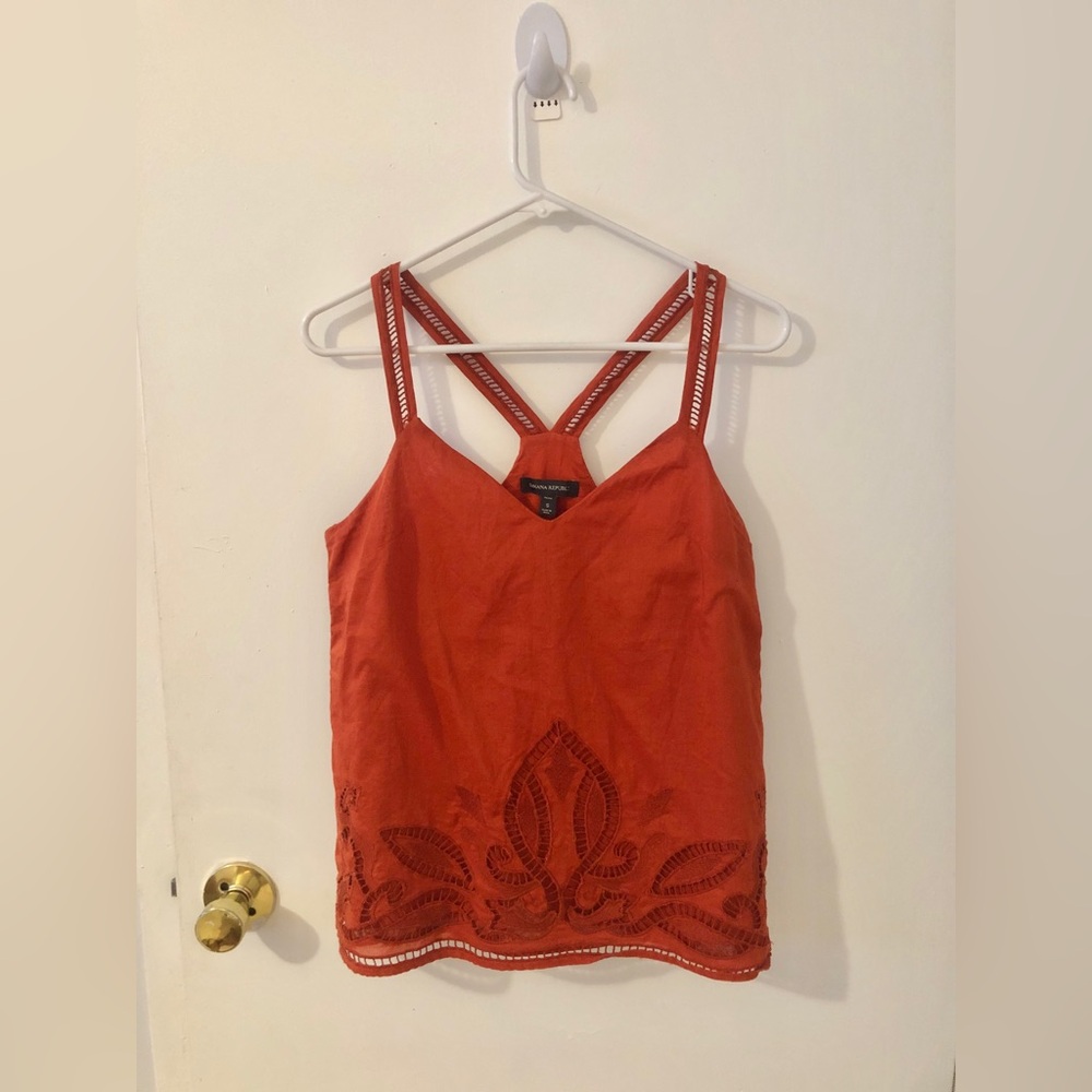 Banana Republic Orange Red Embroidered Strappy Sleeveless Summer Top v neck - Picture 2 of 10